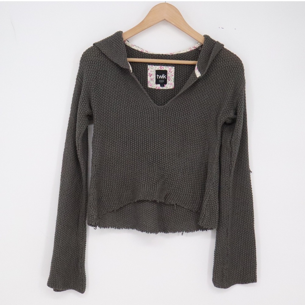twik Sweater Womens P Hooded High-Low Charcoal Grey Distressed Excellent